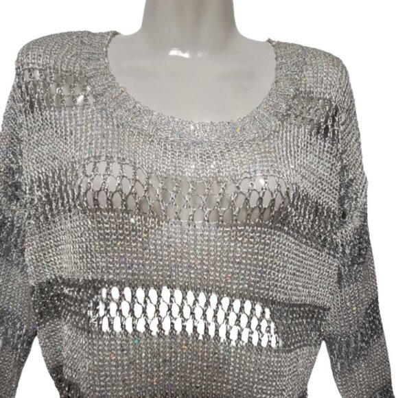 White Glitter Long Sleeve Sweater Open Knit Top Xmas New Years Party Top Blouse - Picture 2 of 6